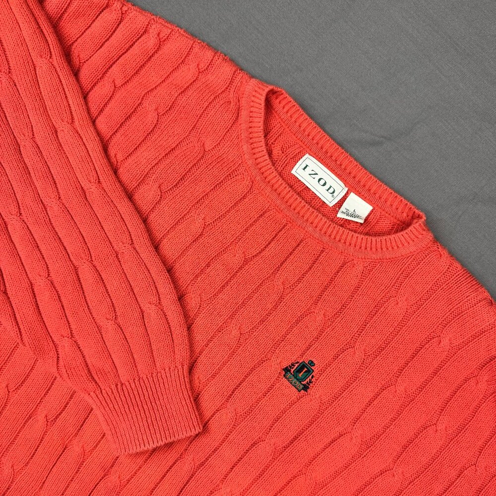 IZOD Sweater Orange Cable Knit Logo Pullover Crewneck Cotton Size Large USA Made